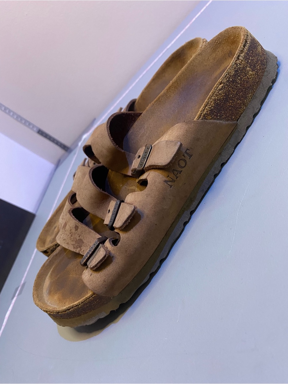 Naot Austin Brown Suede Leather Sandals Three Strap Flat Slip On Size US 7.5-8 - Picture 11 of 11